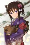  1girl animal animal_ears bangs blurry blurry_background blush brown_hair carrying chinese_zodiac closed_mouth commentary_request dargo depth_of_field eyebrows_visible_through_hair floral_print flower furisode hair_flower hair_ornament head_tilt japanese_clothes kimono light_particles long_hair looking_at_viewer original petting pig pom_pom_(clothes) ponytail print_kimono purple_eyes purple_flower purple_kimono red_flower sidelocks smile solo standing tree_branch upper_body year_of_the_pig 