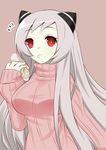  airfield_hime aria_(okuda08808008) breasts food highres horns kantai_collection large_breasts long_hair open_mouth pale_skin red_eyes ribbed_sweater shinkaisei-kan solo sweater very_long_hair white_hair 
