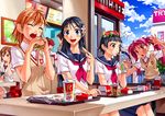  6+girls against_glass against_window akito blue_eyes blush brand_name_imitation brown_eyes brown_hair closed_eyes cloud cup day disposable_cup drink eating faceless faceless_male food french_fries hamburger head_wreath long_hair misaka_mikoto multiple_girls open_mouth sakugawa_school_uniform saten_ruiko school_uniform serafuku shirai_kuroko short_hair sitting skirt sky sweater_vest to_aru_kagaku_no_railgun to_aru_majutsu_no_index tokiwadai_school_uniform uiharu_kazari visor_cap 