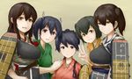  akagi_(kantai_collection) bad_id bad_pixiv_id belt black_eyes black_hair blue_eyes breasts brown_eyes brown_hair expressionless flight_deck grin group_picture hair_between_eyes hair_ribbon hands_on_another's_shoulder height_difference hiryuu_(kantai_collection) houshou_(kantai_collection) japanese_clothes kaga_(kantai_collection) kantai_collection kimono long_hair looking_at_viewer medium_breasts multiple_girls muneate nemubusoku open_mouth ponytail ribbon short_hair side_ponytail smile souryuu_(kantai_collection) strap tasuki twintails upper_body v yellow_eyes 