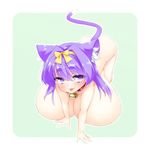  all_fours animal_ears bell bell_collar blush breasts cat_ears cat_tail collar highres huge_breasts kaimantokage looking_at_viewer nude original purple_eyes purple_hair smile solo tail 
