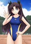  arena_(company) black_hair blue_eyes competition_swimsuit downscaled fate/stay_night fate_(series) fuuma_nagi grin hand_on_hip jpeg_artifacts long_hair md5_mismatch one-piece_swimsuit one_eye_closed resized smile swimsuit toosaka_rin two_side_up waving 
