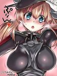  between_breasts blonde_hair blue_eyes breasts gloves hat heart heavy_breathing kantai_collection large_breasts long_hair looking_at_viewer low_twintails open_mouth prinz_eugen_(kantai_collection) solo tokita_monta translation_request twintails upper_body white_gloves 