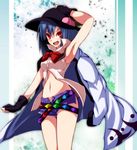  adapted_costume arm_up armpits bad_id bad_pixiv_id belt black_gloves blue_hair bow coat fang fingerless_gloves food fruit gloves hand_on_headwear hat highres hinanawi_tenshi midriff multiple_belts navel open_clothes open_coat open_fly open_shirt peach red_eyes s-syogo shirt short_shorts shorts sleeveless sleeveless_shirt smile solo touhou unzipped 