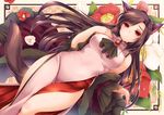  adapted_costume alternate_costume animal_ears ascot blush breasts brooch brown_hair china_dress chinese_clothes coat dress dutch_angle floral_background flower imaizumi_kagerou jewelry large_breasts long_hair looking_at_viewer looking_down moneti_(daifuku) red_eyes sleeveless solo tail touhou turtleneck wolf_ears wolf_tail 