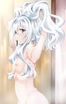  adjusting_hair blue_eyes breasts hairband hibiki_(kantai_collection) kantai_collection long_hair looking_at_viewer nipples nude serakoutarou silver_hair small_breasts solo 