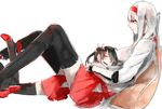  :d ^_^ black_legwear blush bracer closed_eyes hachimaki hair_ribbon headband hug japanese_clothes kantai_collection long_hair lying_on_person multiple_girls open_mouth pillow red_skirt ribbon shoukaku_(kantai_collection) shuu-0208 sitting sketch skirt smile thighhighs twintails white_hair yellow_eyes younger zuikaku_(kantai_collection) 