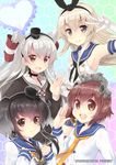  :d amatsukaze_(kantai_collection) armpits bare_shoulders black_bow black_hair black_neckwear blonde_hair bow brown_dress brown_hair choker dress elbow_gloves gloves gradient_hair hairband honeycomb_(pattern) honeycomb_background kantai_collection long_hair looking_at_viewer md5_mismatch multicolored_hair multiple_girls neckerchief open_mouth sailor_collar sailor_dress shimakaze_(kantai_collection) short_hair_with_long_locks silver_hair smile tokitsukaze_(kantai_collection) tsukimochikuriko_(tsukimochi_k) two_side_up w white_dress white_gloves yukikaze_(kantai_collection) 