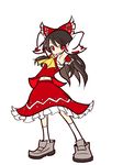  armpits ascot bad_id bad_pixiv_id bow brown_hair detached_sleeves hair_bow hair_tubes hakurei_reimu long_hair midriff navel parody red_eyes ribbon shinmon_akika simple_background smile solo style_parody takenami_hideyuki_(style) touhou white_background 