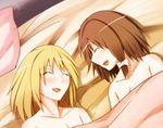  afterglow bad_id bad_pixiv_id bed blanket blonde_hair bow brown_hair closed_eyes fumei_(mugendai) hair_bow long_hair maribel_hearn multiple_girls open_mouth short_hair smile touhou usami_renko yuri 