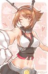 bare_shoulders blush breasts brown_eyes brown_hair foreshortening gloves headgear heart highres kantai_collection large_breasts midriff mutsu_(kantai_collection) mutsu_(snail) navel okitakung one_eye_closed short_hair sketch skirt solo twitter_username upper_body white_gloves 