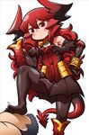 1girl :&lt; alternate_breast_size bad_id bad_tumblr_id bangle bare_shoulders black_legwear blush bracelet breasts demon_girl demon_horns demon_tail elbow_gloves femdom gloves hand_on_hip highres horns in_the_face jewelry long_hair maou_(maoyuu) maou_beluzel matsuda_yuusuke multicolored multicolored_eyes pantyhose red_eyes red_hair shoes single_shoe skirt small_breasts solo_focus stepped_on tail toes yuusha_to_maou 