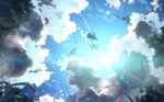  1girl blurry cloud depth_of_field dress flying from_below grass kirito kirito_(sao-alo) leafa lens_flare scenery short_hair sky sun sword sword_art_online tree weapon wings yuuki_tatsuya 