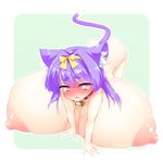  all_fours animal_ears bell bell_collar blush breasts cat_ears cat_tail collar full-face_blush gigantic_breasts highres kaimantokage looking_at_viewer nipples nude original purple_eyes purple_hair solo tail tears 