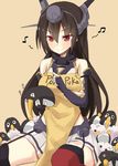  apron bad_id bad_pixiv_id bare_shoulders beamed_eighth_notes black_hair blush eighth_note failure_penguin headgear kantai_collection long_hair miss_cloud musical_note nagato_(kantai_collection) puka_puka red_eyes red_legwear sitting skirt smile solo takehana_note thighhighs 