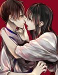  :t akagi_(kantai_collection) brown_eyes brown_hair chin_grab ears eye_contact highres hug imminent_kiss japanese_clothes kaga_(kantai_collection) kantai_collection lips long_hair looking_at_another multiple_girls open_mouth pout red_background shuu-0208 side_ponytail simple_background sweatdrop yuri 