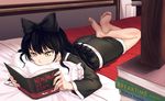  barefoot bed black_hair blake_belladonna book bow crossed_ankles feet hair_bow infinote legs_up long_hair lying on_stomach pillow reading rwby soles solo the_pose twitter_username yellow_eyes 
