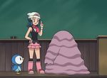  1girl animated animated_gif grimer hikari_(pokemon) indoors piplup pokemon pokemon_(anime) pokemon_trainer pose 