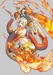  bangle blonde_hair blue_eyes bow bracelet chelonia choker criss-cross_halter crown dual_wielding echidna_(p&amp;d) fire halter_top halterneck holding jewelry lamia long_hair midriff monster_girl navel ponytail puzzle_&amp;_dragons ribbon solo sword tail tail_ribbon weapon 