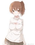  alternate_costume bad_id bad_pixiv_id blush breasts brown_eyes brown_hair cleavage cleavage_cutout hiro_(hirohiro31) kaga_(kantai_collection) kantai_collection large_breasts long_sleeves meme_attire open-chest_sweater pleated_skirt side_ponytail skirt solo sweater turtleneck 