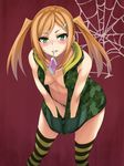  bangs bare_shoulders blonde_hair blush breasts breasts_apart camouflage downblouse drink drinking_straw gradient_hair green_eyes green_legwear grin hair_ornament hairclip hands_in_pockets hanging_breasts hood hood_down hoodie itoshige_kirue juice_box lace lace-trimmed_panties leaning_forward long_hair medium_breasts mouth_hold multicolored_hair navel no_bra no_pants open_clothes open_hoodie panties pocket red_background scrunchie sengoku_aky sidelocks silk simple_background sleeveless smile solo spider_web standing string_panties striped striped_legwear swept_bangs thighhighs twintails underwear white_panties youkai_shoujo_-_monsuga 