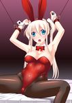  animal_ears bdsm blue_eyes bondage bound breasts bunny_ears bunnysuit cuffs detached_collar large_breasts long_hair looking_at_viewer mabinogi nao_(mabinogi) open_mouth pantyhose solo twintails umitsubame white_hair wrist_cuffs 