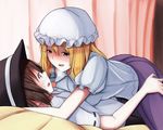  bad_id bad_pixiv_id blonde_hair blouse blush bow brown_eyes brown_hair fumei_(mugendai) girl_on_top hair_bow hat long_hair maribel_hearn multiple_girls purple_eyes ribbon short_hair skirt smile touhou usami_renko yuri 