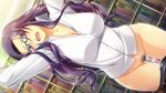  1girl aftersex arms_up blue_eyes blush book breasts censored cleavage cum cum_in_pussy cum_on_body cum_on_lower_body cumdrip fukushuu_no_honoo_wa_ingoku_no_yami_ni_moe game_cg glasses highres large_breasts legs library long_hair looking_at_viewer open_mouth panties pants_down panty_pull purple_hair ribahara_aki solo standing thighs underwear vibrator 
