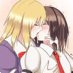  bad_id bad_pixiv_id blonde_hair breast_grab breasts brown_hair closed_eyes french_kiss fumei_(mugendai) grabbing groping kiss long_hair maribel_hearn multiple_girls necktie no_hat no_headwear ribbon saliva short_hair small_breasts touhou trembling usami_renko yuri 