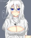  absurdres blue_background blue_eyes blush breast_hold breasts character_name cleavage cleavage_cutout highres jewelry kuro_wa_shinoru large_breasts long_hair looking_at_viewer meme_attire necklace open-chest_sweater original simple_background solo sweater translation_request white_hair 