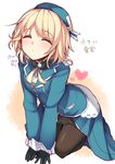  ^_^ alternate_hair_length alternate_hairstyle atago_(kantai_collection) black_gloves black_legwear blonde_hair blush closed_eyes gloves haruyuki_(yukichasoba) hat heart imminent_kiss kantai_collection kneeling pantyhose short_hair solo translated uniform v_arms younger 