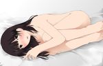  black_eyes black_hair blush knees_to_chest long_hair looking_at_viewer lying nude on_side open_mouth original p-u-n-i solo 