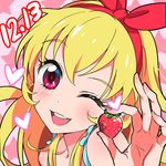  ;d aikatsu! aikatsu!_(series) blonde_hair food fruit hoshimiya_ichigo long_hair mebae object_namesake one_eye_closed open_mouth ribbon smile solo strawberry 