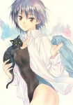  agahari amagami black_hair blush brown_eyes cat competition_swimsuit highres looking_at_viewer nanasaki_ai one-piece_swimsuit open_clothes open_shirt shirt short_hair smile solo swimsuit traditional_media 