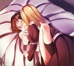  bad_id bad_pixiv_id bed blonde_hair brown_eyes brown_hair dress fumei_(mugendai) girl_on_top maribel_hearn multiple_girls no_hat no_headwear one_eye_closed open_mouth ribbon short_hair skirt touhou usami_renko yuri 