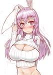  absurdres animal_ears blush breasts bunny_ears cleavage cleavage_cutout highres impossible_clothes impossible_sweater large_breasts lavender_hair long_hair looking_at_viewer meme_attire midriff navel open-chest_sweater red_eyes reisen_udongein_inaba simple_background solo sweater touhou white_background yuta0504 