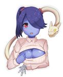  1girl blue_skin blush breasts hair_over_one_eye highres kogetsu_azami leviathan_(skullgirls) open-chest_sweater red_eyes side_ponytail skullgirls squigly_(skullgirls) stitched_mouth sweater zombie 