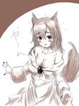  animal_ears bare_shoulders blush breasts brooch cleavage collarbone dress fingernails flying_sweatdrops highres imaizumi_kagerou jewelry large_breasts looking_at_viewer monochrome open_mouth pyonsuke_(pyon2_mfg) sharp_fingernails simple_background sketch solo strapless strapless_dress tail touhou upper_body white_background wolf_ears wolf_tail 