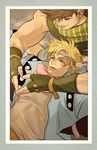  blonde_hair blue_jacket brown_hair caesar_anthonio_zeppeli fingerless_gloves gloves headband jacket jojo_no_kimyou_na_bouken joseph_joestar_(young) kilva_lollop multiple_boys scarf 