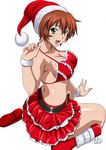  belt boots bra breasts brown_hair chinkyuu_koudai cleavage collarbone frilled_skirt frills green_eyes hat highres ikkitousen large_breasts looking_at_viewer open_mouth red_bra red_footwear red_hat red_skirt santa_boots santa_hat shiny shiny_skin short_hair simple_background skirt solo underwear white_background wrist_cuffs 