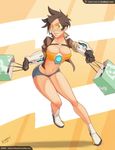  bag breasts brown_gloves brown_hair cleavage full_body gloves jacket large_breasts midriff navel open_clothes open_jacket overwatch running shoes shopping_bag short_hair short_shorts shorts sinner!_(sillygirl) sneakers solo spiked_hair tracer_(overwatch) watermark web_address 