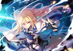  belt blonde_hair blue_eyes dated electricity fingerless_gloves gloves guilty_gear guilty_gear_xrd ky_kiske long_hair male_focus signature solo sword tel-o weapon 