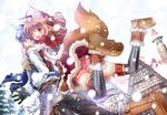  1girl animal_ears fluffy hug hug_from_behind original outdoors riolabo snowing tail winter_clothes 