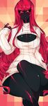  bad_id bad_tumblr_id black_sclera black_skin black_skirt breasts cleavage cleavage_cutout hair_twirling highres koitonic large_breasts long_hair looking_at_viewer meme_attire monster_girl open-chest_sweater original red_eyes red_hair ribbed_sweater sitting skirt solo sweater turtleneck wide_hips 