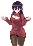  bangs black_eyes black_hair blush bow breasts brown_legwear cleavage cleavage_cutout clenched_hands cowboy_shot dress hair_bow half_updo hands_up highres inugami-san_to_sarutobi-kun_wa_naka_ga_warui. inugami_tsubaki light_smile lipstick long_hair long_sleeves looking_at_viewer makeup medium_breasts meme_attire open-chest_sweater outstretched_wrists pantyhose revision ribbed_sweater sidelocks simple_background sleeves_past_wrists smile solo standing sweater sweater_dress tachibana_roku turtleneck w_arms white_background 
