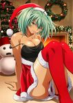  ahoge arm_support artist_request bangs breasts camisole christmas christmas_tree cleavage collarbone finger_to_mouth fireplace fur-trimmed_legwear fur_trim garland_(decoration) green_eyes green_hair hat head_tilt highres ikkitousen index_finger_raised indoors jpeg_artifacts knees_up large_breasts long_hair looking_at_viewer o-ring o-ring_top on_floor pom_pom_(clothes) red_hat red_legwear red_skirt ryofu_housen santa_costume santa_hat short_twintails sitting skirt smile snowman solo strap_slip thighhighs twintails wreath 