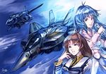  bad_id bad_pixiv_id black_hair brown_hair choujikuu_yousai_macross dress flying grin hayase_misa ichijou_hikaru kikai-zaru long_hair lynn_minmay macross macross:_do_you_remember_love? mecha microphone military military_uniform multiple_girls roy_focker science_fiction signature smile u.n._spacy uniform variable_fighter vf-1 vf-1s 