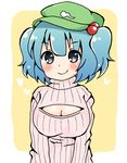  alternate_costume bad_id bad_pixiv_id blue_hair breasts cleavage_cutout grey_eyes hair_bobbles hair_ornament hat kawashiro_nitori large_breasts long_sleeves meme-tan_(bana_nan26) meme_attire open-chest_sweater ribbed_sweater smile solo sweater touhou turtleneck two_side_up 