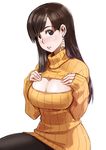  black_eyes black_legwear blush breasts brown_hair cleavage cleavage_cutout earrings fuwari highres jewelry large_breasts long_hair long_sleeves looking_at_viewer meme_attire open-chest_sweater orange_shirt pantyhose parted_lips ren'ai_shimasen_ka? ribbed_sweater shirt simple_background single_earring sleeves_past_wrists solo star star_earrings sweater tachibana_roku turtleneck white_background 