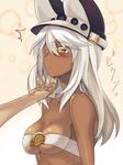  1girl bare_shoulders beltbra blush breasts chin_tickle collarbone dark_skin guilty_gear guilty_gear_xrd hand_on_another's_chin hat long_hair medium_breasts one_eye_closed ramlethal_valentine sengoku_aky solo_focus white_hair yellow_eyes 